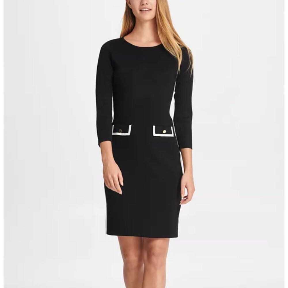 DKNY Sheath Sweater Dress Flattering Stripe Workwear Business Siren Large